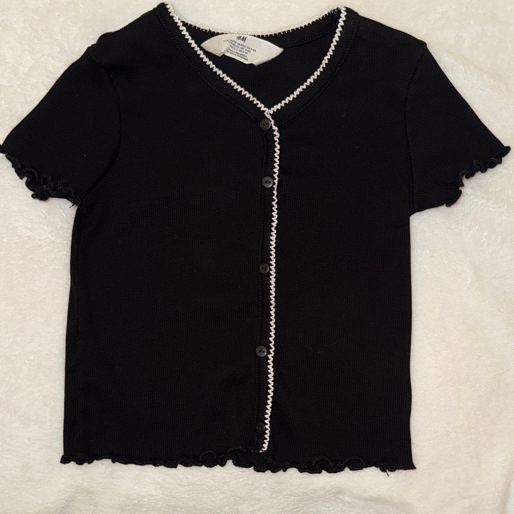 H&M Black Button-Front Short Sleeve Knit Top With White Trim